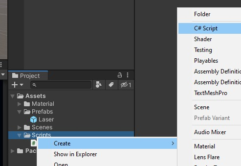 Right click to create a new C# Script